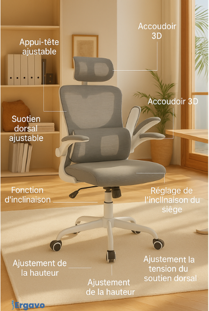 Chaise Ergonomique de Bureau – Soutien Lombaire & Accoudoirs Relevables